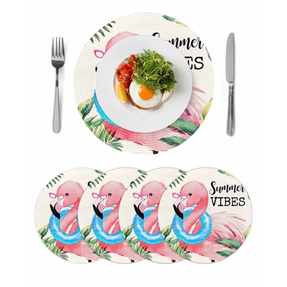 Summer Pink Flamingo Round Placemats Set of 4 for Dinning Tables,Heat-proof Braided Table Mats 15 Inch,Beach Tropical Palm Leaves Washable Place Mat for Kitchen Restaurant Party Decor Table Setting