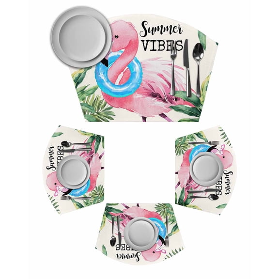 Summer Pink Flamingo Round Table Placemats Set of 4 Wedge Placemats, Beach Tropical Palm Leaves Place Mats for Dining Table Set Washable Mats Kitchen Decor for Indoor Outdoor Wipe Clean
