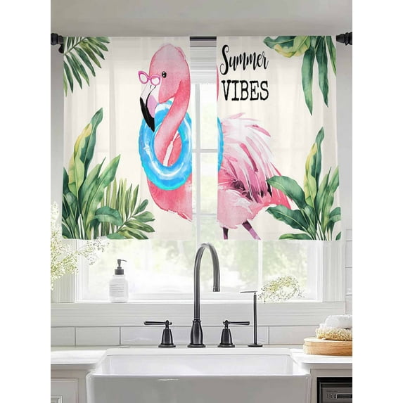 Summer Pink Flamingo Sheer Curtains for Living Room Bedroom Beach Tropical Palm Leaves Sheer Curtains 54 Inch Long 2 Panels Set Light Filtering Curtain Window Treatments Drapes for Dining Room