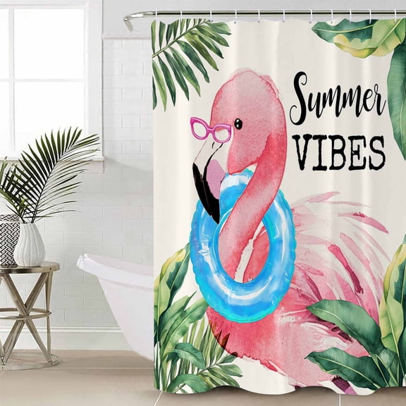 Summer Pink Flamingo Small Stall Shower Curtain, Waterproof Shower Curtains for Bathroom, Beach Tropical Palm Leaves Washable Fabric Cloth Bath Curtain for Bathtub Decoration with Hooks 36x78 Inches