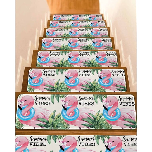 Summer Pink Flamingo Stair Treads for Wooden Steps Indoor Runner Rug Carpet, Beach Tropical Palm Leaves 4 Pieces Peel and Stick Staircase Step Treads Covers Washable Throw Door Mats, 30"x8"