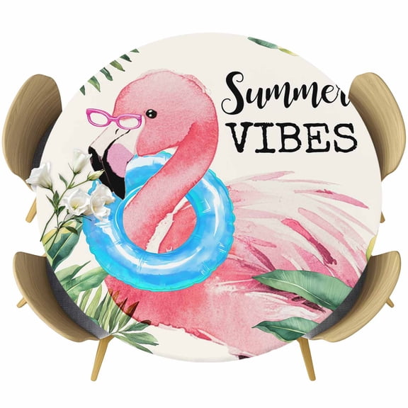 Summer Pink Flamingo Table Cloth, Round Fitted Tablecloths with Elastic Edge, Beach Tropical Palm Leaves Wipeable Waterproof Table Cover for Kitchen Wedding 36-44 Inches