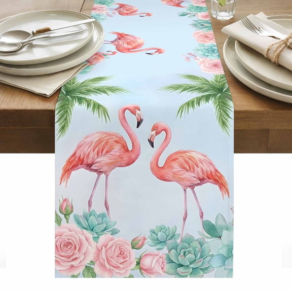 Summer Pink Flamingo Table Runner Coastal Tropical Plants Flowers Tablerunners 18 x 72 Inch, Table Decorations Tabletop Scarf for Summer Gathering Holiday Farmhouse Kitchen Dining Decor