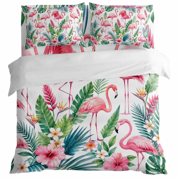 Summer Pink Flamingos Duvet Cover Set King Size, Country Tropical Green Monstera Leaf Bird Flower 4 Piece Bedding Set with Zipper Closure & Corner Ties Soft Breathable Comforter Cover for Bedroom
