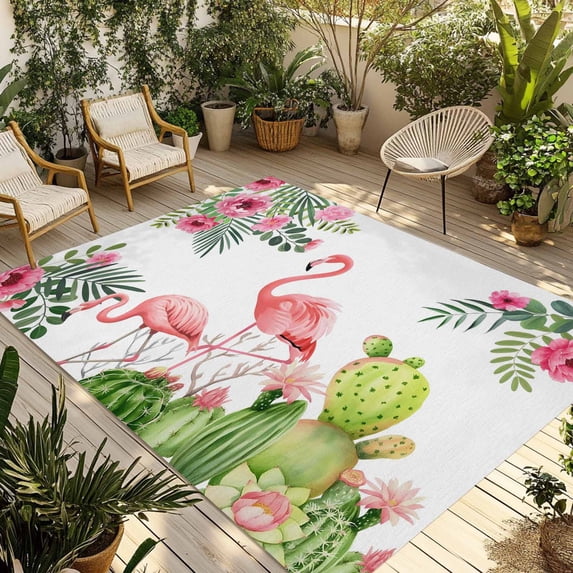 Summer Pink Flamingos Outdoor Rug for Patio/Deck/Porch, Non-Slip Large Area Rug 6 x 9 Ft, Tropical Floral Leaves Cactus Indoor Outdoor Rugs Washable Area Rugs, Reversible Camping Rug Carpet Runner