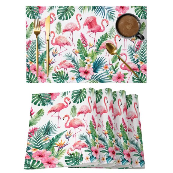 Summer Pink Flamingos Placemats Set of 12, Country Tropical Green Monstera Leaf Bird Flower Non-Slip Place Mats Washable Table Mats for Kitchen Dining Table Decorations Indoor/Outdoor