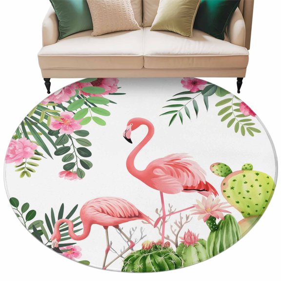 Summer Pink Flamingos Round Rug 5ft Washable Circle Kitchen Rugs Non Slip Tropical Floral Leaves Cactus Large Area Rug Indoor Floor Carpet for Bedroom Living Room Home Office Dining Room Nursery