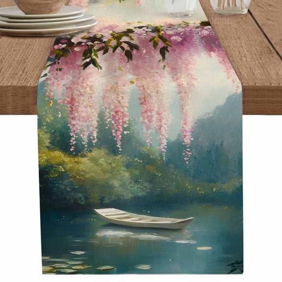 Summer Pink Flower Forest Lake Boat Table Runner-70 Inch Long Oil Painting Art Table Runners Linen Burlap Tablerunner for Kitchen Dining Room Holiday Party