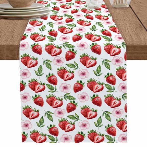 Summer Pink Flower Strawberry on White Table Runner-36 Inch Long Watercolor Fruit Table Runners Linen Burlap Tablerunner for Kitchen Dining Room Holiday Party