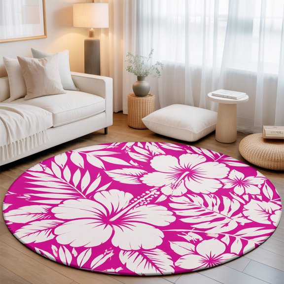 Summer Pink Flowers 7' Round Rugs for Living Room Conversation Area, Country Rustic Tropical Botanical Palm Leaf Floral Washable Non Slip Large Circle Area Rug Under Dining Table