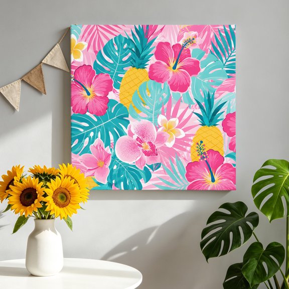 Summer Pink Flowers Canvas Wall Art, Country Tropical Pineapples Monstera Leaf Floral Pictures Wall Decor Wooden Framed Artwork Art Prints for Living Room Hallway Bedroom Office 8"x8"