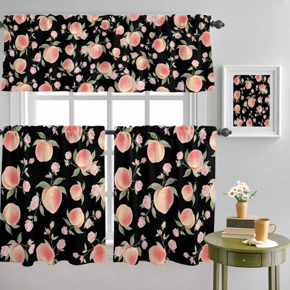 Summer Pink Honey Peach Flowers Curtain Tier and Valance Set 3 Piece, Country Plants Art 3-inch Rod Pocket Window Tier Curtains Valance for Kitchen Living Room