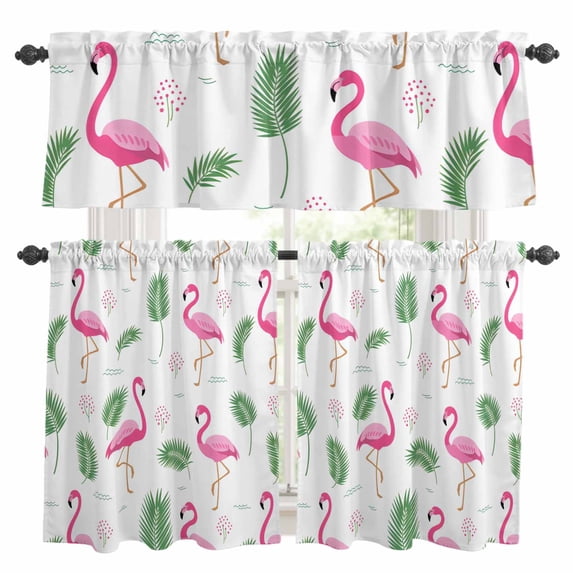 Summer Pink Kitchen Curtains Valances and Tiers Set of 3 Flamingos Green Tropical Leaves Palm Trees Tier Curtains and Valance with Rod Pocket for Small Windows, 27.5"x36"