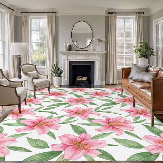 Summer Pink Lily Washable Living Room Rugs 5'x7', Watercolor Flower Farmhouse Rustic Low Pile Throw Large Area Rugs Non-Slip Sturdy Edge Binding Carpet for Dining Room Bedside Kitchen