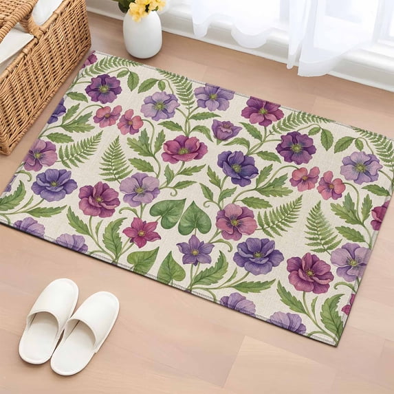 Summer Pink Purple Flower Washable Small Entryway Area Rugs 2'x3', Vintage Country Watercolor Floral Green Leaf Low Pile Throw Rug Non-Slip Sturdy Edge Binding Carpet for Front Door Floor Room Entry