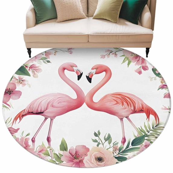 Summer Pink Round Area Rug 6ft Flamingos Watercolor Animal Flowers Non-Slip Washable Circle Rugs Soft Felt Indoor Floor Mat for Bedroom Kitchen Living Room Bathroom