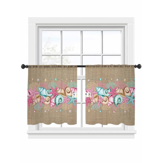 Summer Pink Sheer Curtains 45 Inch Long 2 Panels, Starfish Shell Coral Beach Marine Life Brown Linen Light Filtering Rod Pocket Curtains, Sheer Voile Drapes for Living Room Bedroom, 52"x45"