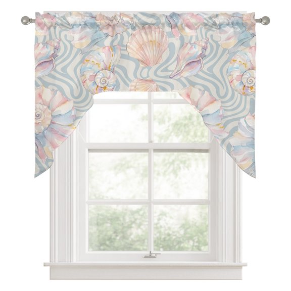 Summer Pink Shells Kitchen Curtains Swag Valance for Windows/Bathroom/Cafe, Beach Coastal Conch Abstract Blue Waves Rod Pocket Drape Panel Swag Curtains Valance for Bedroom/Living Room 56"x36"