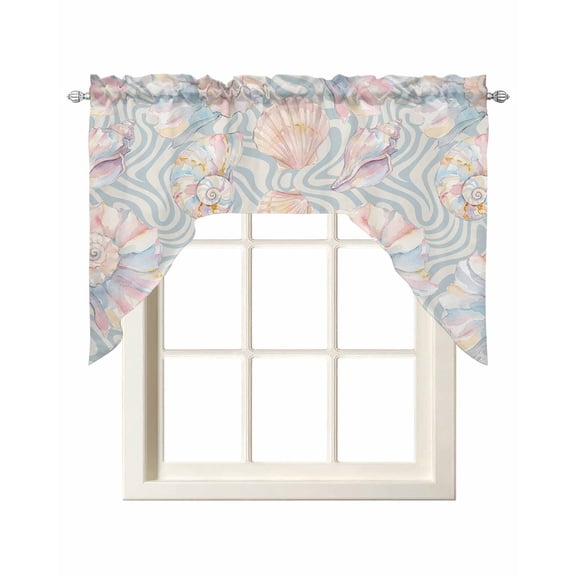 Summer Pink Shells Kitchen Swag Valances for Windows, Beach Coastal Conch Abstract Blue Waves Swag Valances Curtains for Living Room, Rod Pocket Window Treatments for Bathroom, Bedroom, Cafe, 56"x36"