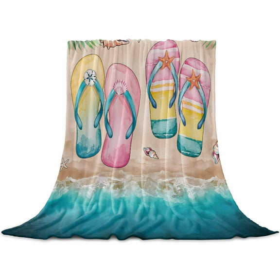 Summer Pink Slippers Flannel Blanket for Bed, Turquoise Beach Coastal Starfish Soft Cozy Warm Couch Throw Blanket, Lightweight Fluffy Plush Bedding Blankets for Sofa Decor All Season 31.5"x47"