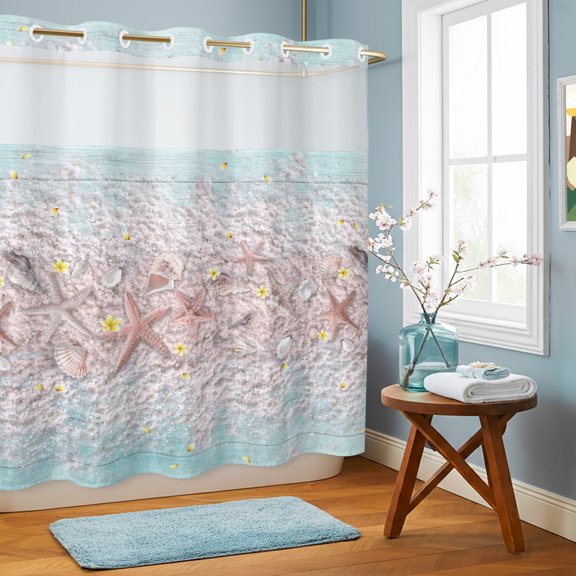 Summer Pink Starfish Shell Conch No Hook Shower Curtain with See Through Top Window,Seaside Wood Plank Waterproof Shower Curtains for Home Hotel Bathroom Decor,72x72in