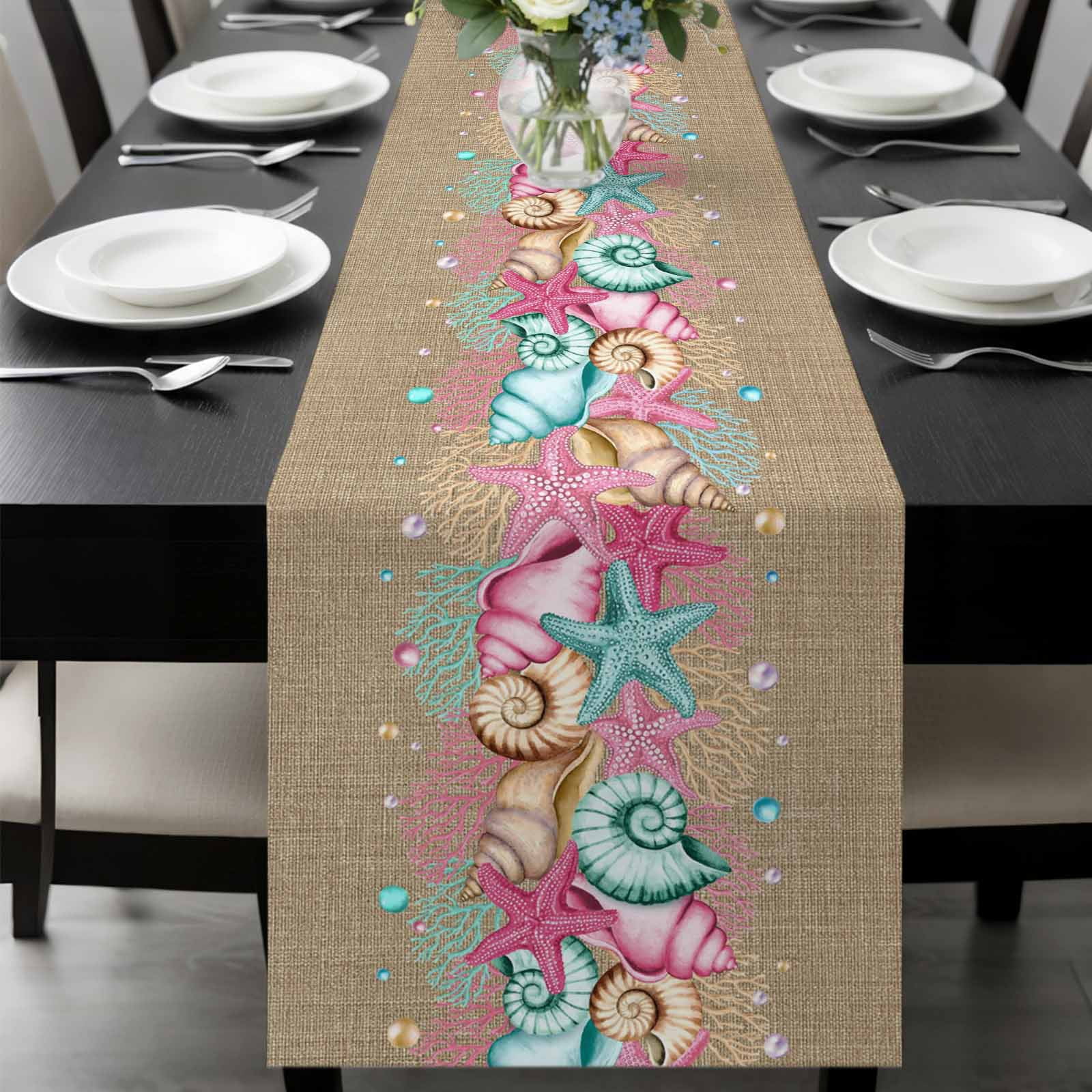 Summer Pink Table Runner, Starfish Shell Coral Beach Marine Life Brown Linen Washable Cotton-linen Table Runners Dining Kitchen Decoration for Everyday Home Wedding Party Decor, 13 x 90 Inch
