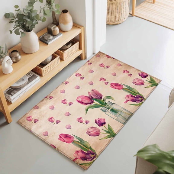 Summer Pink Tulips Vintage Texture Rectangle Area Rug 2x3ft,Living Room Rug Non-Slip Washable Circle Rugs Pad,Country Flower Soft Floor Carpet for Bedroom Dining Room