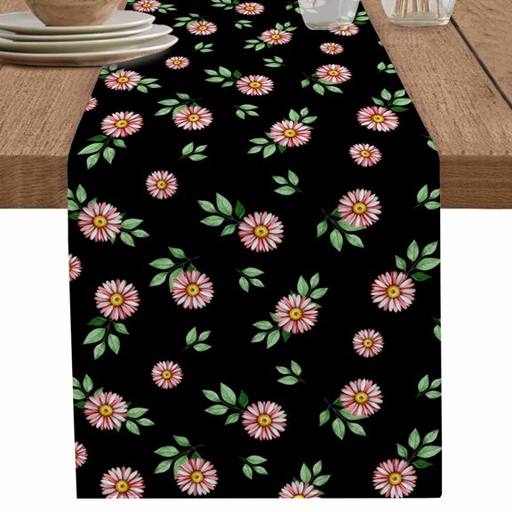 Summer Pink White Daisy Flower on Black Table Runner-70 Inch Long Green Leaves Table Runners Linen Burlap Tablerunner for Kitchen Dining Room Holiday Party