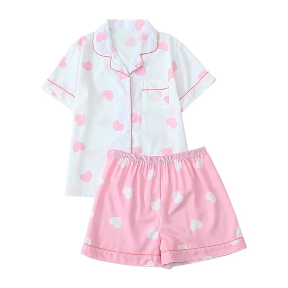 Summer Pjs for Women Set Cozy Pajamas Two Piece Set Short Sleeve Top and Pant Bow Heart Print Loungewear Sleepwear Pink