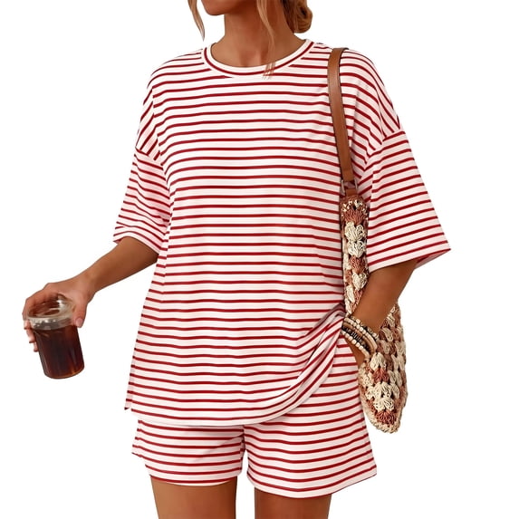 Summer Pjs for Women Set Striped Oversized Matching Tops and Shorts Pajama Sets Soft Loose Fit Lounge 2 Piece Set