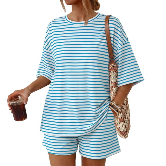 Summer Pjs for Women Set Striped Oversized Matching Tops and Shorts Pajama Sets Soft Loose Fit Lounge 2 Piece Set
