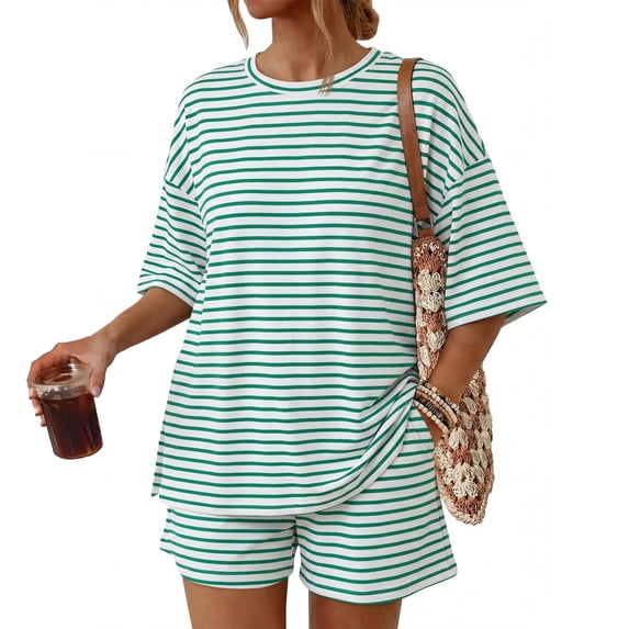 Summer Pjs for Women Set Striped Oversized Matching Tops and Shorts Pajama Sets Soft Loose Fit Lounge 2 Piece Set