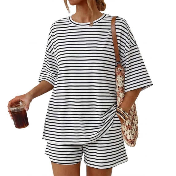 Summer Pjs for Women Set Striped Oversized Matching Tops and Shorts Pajama Sets Soft Loose Fit Lounge 2 Piece Set