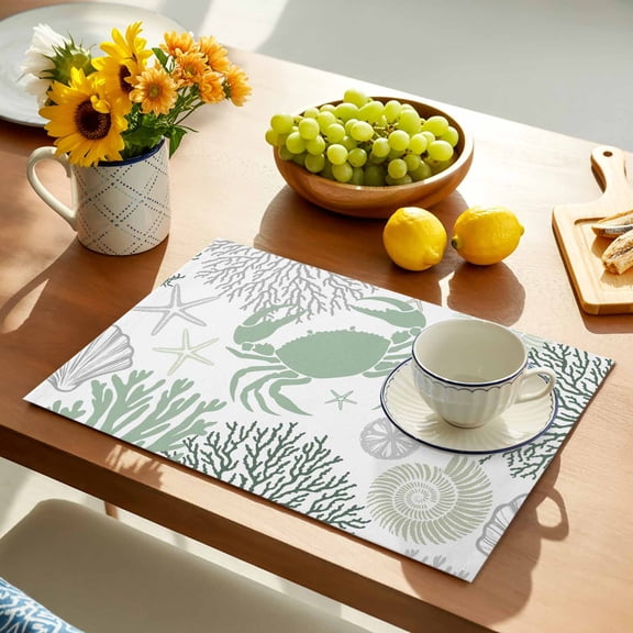 Summer Placemats Set of 1, Sage Green Crab Coral Seashell Nautical Coastal Ocean Non-Slip Place Mats Washable Table Mats for Kitchen Dining Table Decorations Indoor/Outdoor