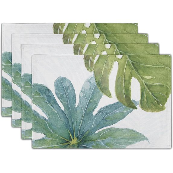 Summer Placemats Set of 4 Linen Tropical Leaves Place Mat Washable Non-Slip Heat Resistant 12×18 Inch Thick Linen Place Mats Decorative Fabric Table Mat for Dining Table