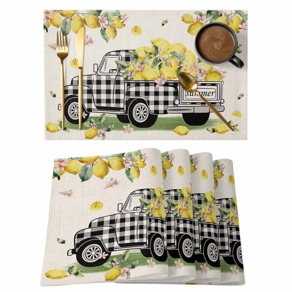 Summer Placemats Set of 1 Black Plaid Truck with Lemons Yellow Fruit Linen Texture Heat Insulation Washable Place Mats, Rustic Non-Slip Table Mats for Dining Table Party Kitchen Decor,13x19 Inch