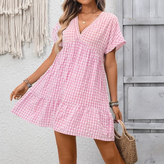 Summer Plaid Dresses for Women Flowy V Neck Short Sleeve Cute Ruffle Mini Sundress Beach Vacation Wear M