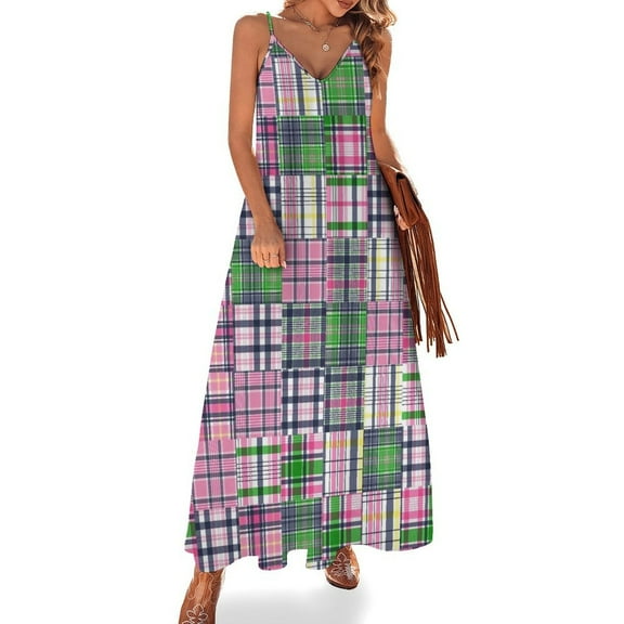 Summer Plaid Pink Madras Patchwork Sleeveless Dress Dresses Women Summer Women's Summer Clothing