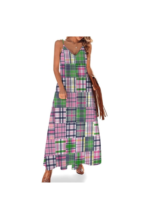 Summer Plaid Pink Madras Patchwork Sleeveless Dress Loose Women's Dress Dresses Luxury Evening Dresses