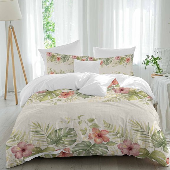 Summer Plant Comforter Set Queen Size, Red Hibiscus Flower Tropical Palm Trees Leaf Linen Texture Soft Bedding Set for Man Woman, 4 Pieces Duvet Cover Set with Fitted Sheet, 2 Pillowcases
