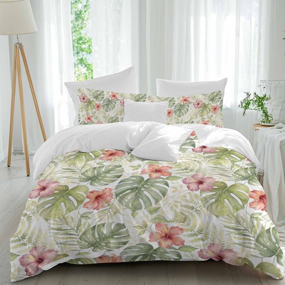 Summer Plant Comforter Set Queen Size, Red Hibiscus Flowers Tropical Palm Trees Leaf Botanical Soft Bedding Set for Man Woman, 4 Pieces Duvet Cover Set with Fitted Sheet, 2 Pillowcases