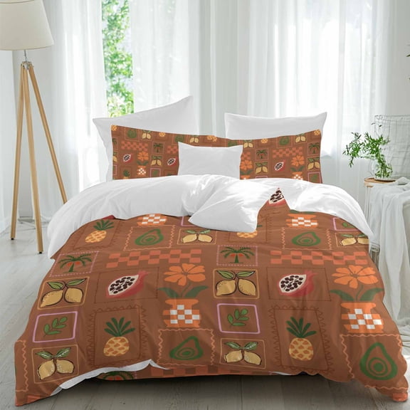 Summer Plant Flower Comforter Set Full Size, Pineapple Lemon Avocado Brick Red Soft Bedding Set for Man Woman, 4 Pieces Duvet Cover Set with Fitted Sheet, 2 Pillowcases
