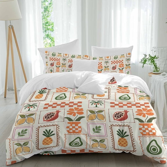 Summer Plant Flower Full Duvet Cover Set, Pineapple Lemon Avocado Papaya 4 Piece Microfiber Bedding Set with Zipper Closure, Bed Sheet and 2 Pillow Shams, Soft Bedding Cover