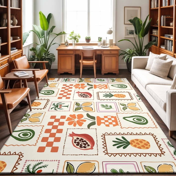 Summer Plant Flower Washable Area Rug 3 x 5 ft Pineapple Lemon Avocado Papaya, Soft Non Slip Rugs Stain Repellent Indoor Felt Carpet for Living Dining Room Bedroom Home Office
