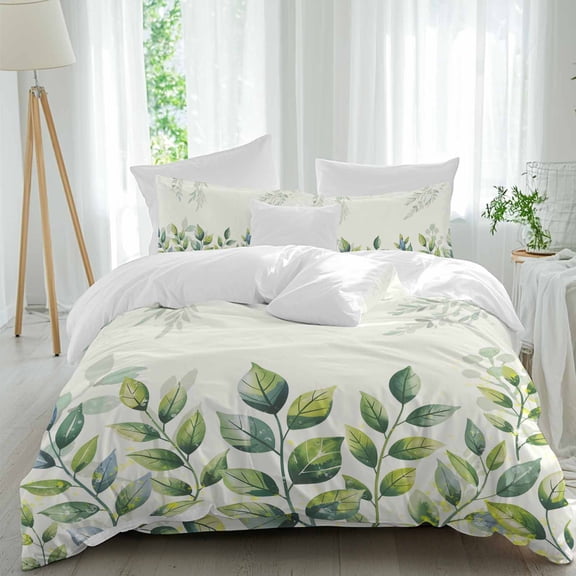 Summer Plant Leaf Full Size Comforter Set, Retro Country Watercolor Style Bedding for All Seasons, 4 Pcs Bed Set, 1Quiltcover (86"x86") ,1Sheet(80"x116"), 2Pillowcases (30"x20")