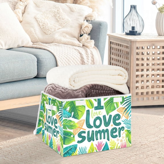 Summer Plants Leaves Storage Basket Foldable Laundry Basket Shelf Kids Toy Storage Container Organizer with Handles