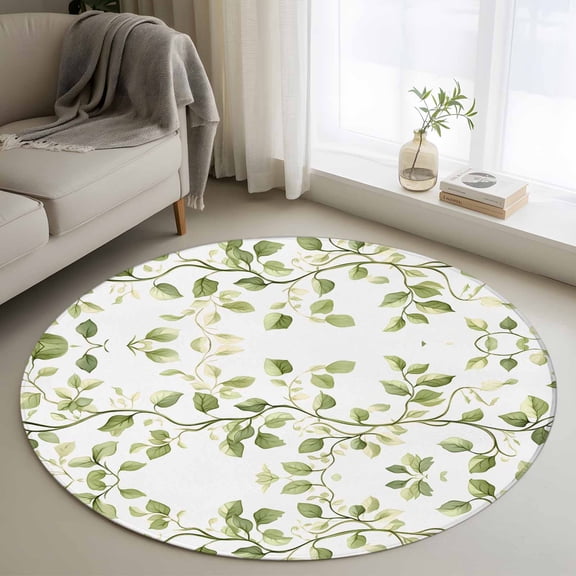 Summer Plants Round Rug 3ft Washable Circle Entryway Rugs Non Slip Green Leaves Pastoral Retro Garden Area Rug Indoor Floor Carpet for Bedroom Kitchen Living Room Home Office Dining Room Nursery