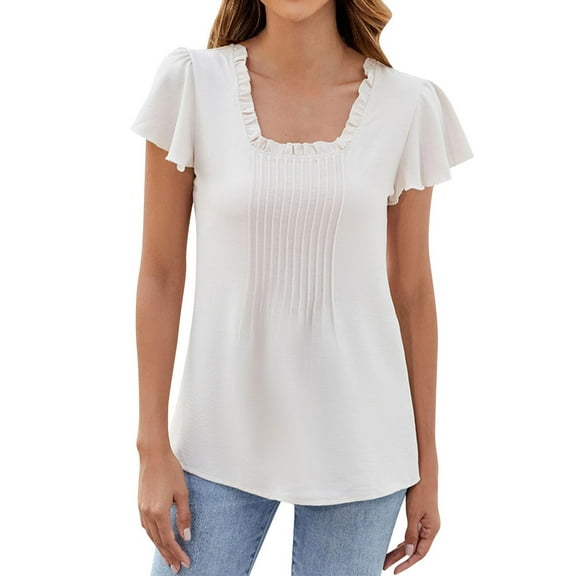Summer Pleated Flowy Tunic Tops for Women Ruffle Square Neck Solid Color Vacation Blouse Ruffle Short Sleeve Tees