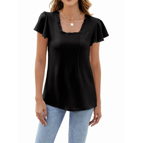 Summer Pleated Flowy Tunic Tops for Women Ruffle Square Neck Solid Color Vacation Short Sleeve Tees Black XL