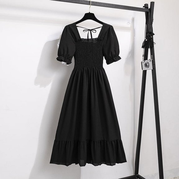 Summer Pleated Women Chiffon Dresses Casual Beach Holiday Short Sleeve Square Collar Woman Midi Dress Bohemian Mujer Vestidos